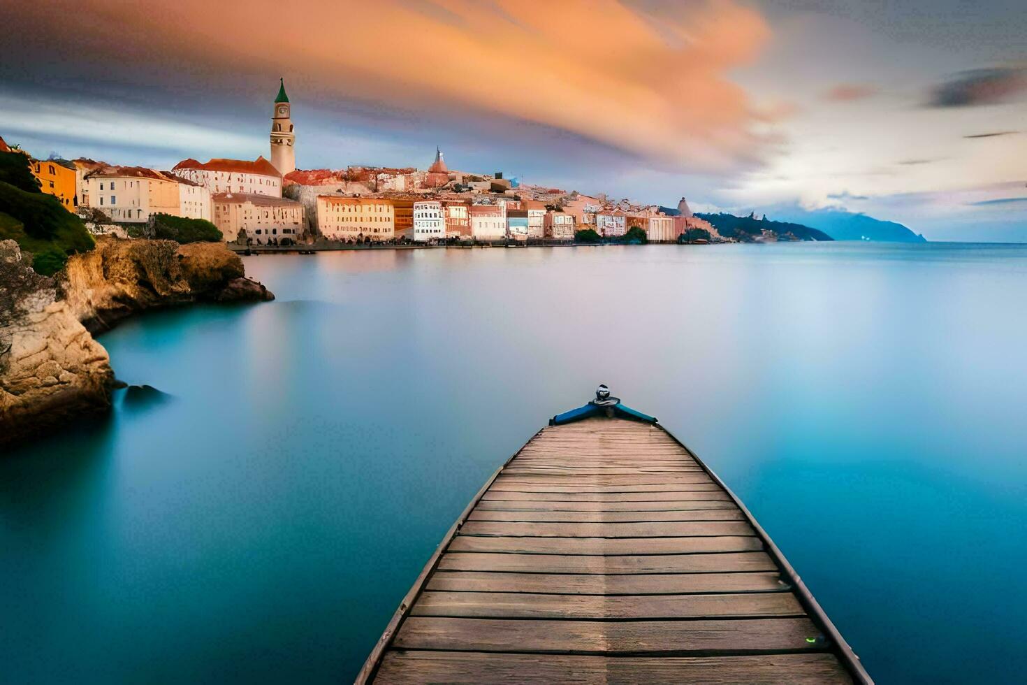 un' di legno bacino nel il acqua con un' città nel il sfondo. ai-generato foto