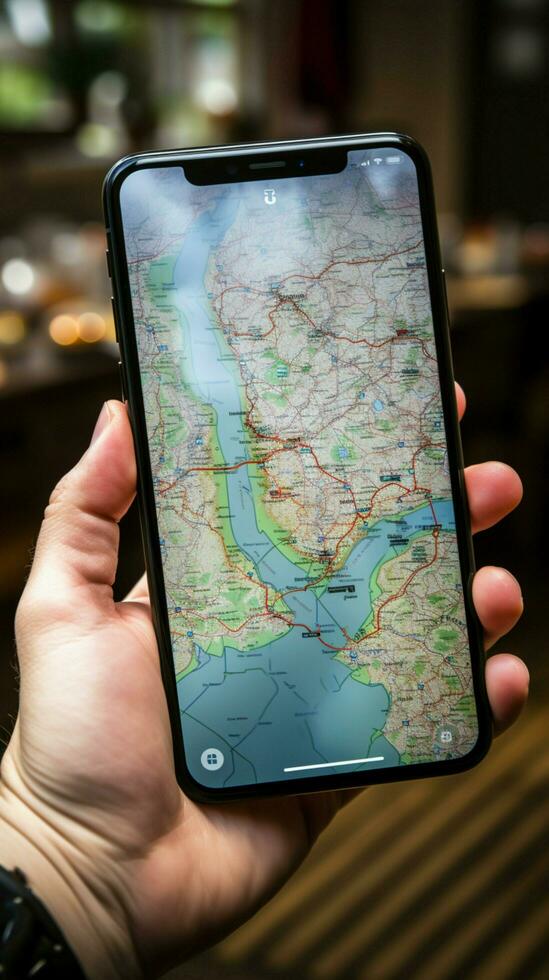 esplorando Polonia con il aiuto di un' mobile Telefono su turista mappe verticale mobile sfondo ai generato foto