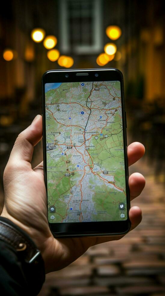 esplorando Polonia con il aiuto di un' mobile Telefono su turista mappe verticale mobile sfondo ai generato foto