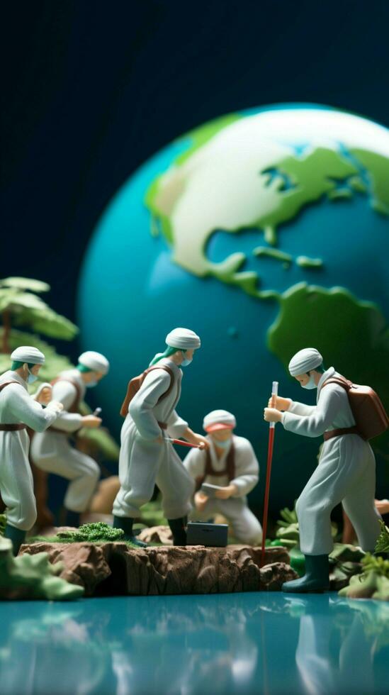 miniatura medici e infermieri dai un'occhiata globale Salute, promozione mondo ambiente giorno verticale mobile sfondo ai generato foto