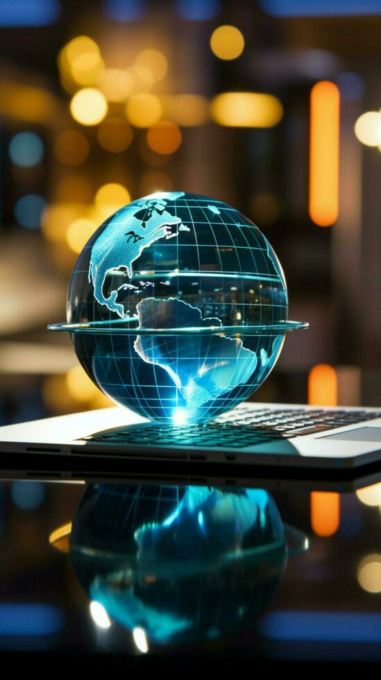 un' bicchiere globo su un' il computer portatile simboleggia un' globale attività commerciale prospettiva verticale mobile sfondo ai generato foto
