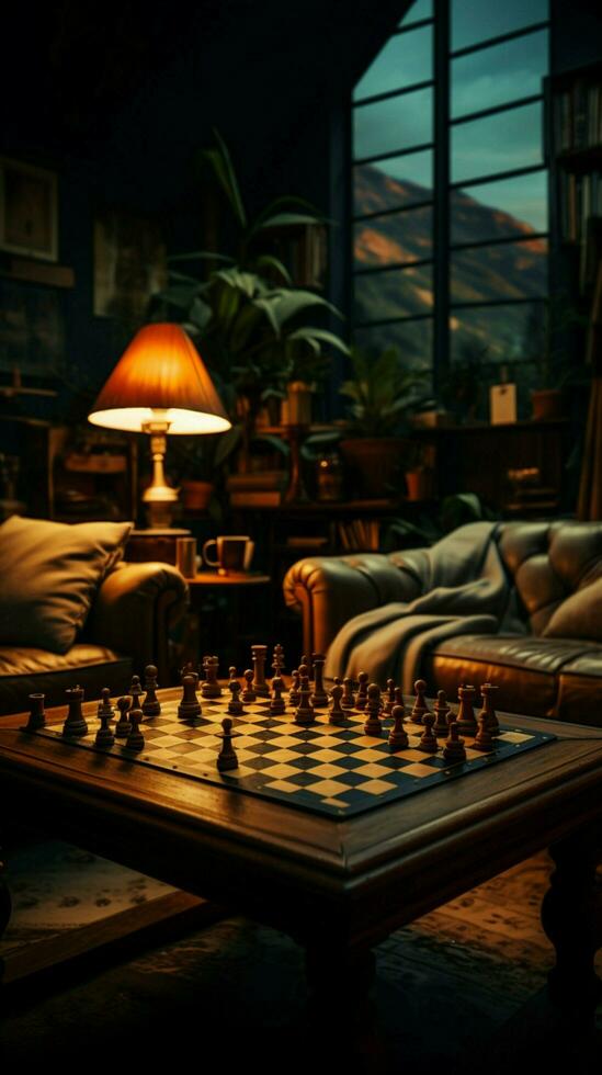 al chiuso, un' gioco di scacchi si svolge su un' accogliente divano per comfort verticale mobile sfondo ai generato foto