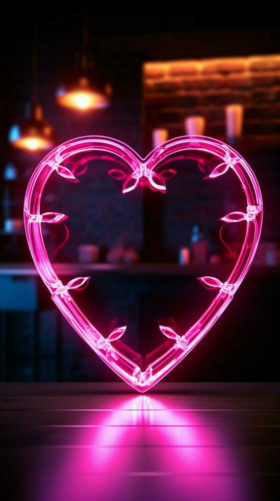 raggiante amore un' neon cartello lineamenti un' cuore forma per romantico ambiance verticale mobile sfondo ai generato foto