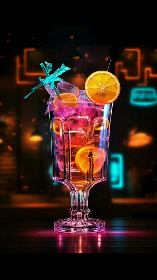 raggiante rinfresco un' neon cartello raffigura un' cocktail, completare con un' poco ombrello verticale mobile sfondo ai generato foto