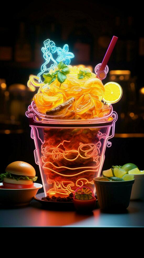 luminoso culinario arte neon leggero trasforma cibo in un incantevole visivo festa verticale mobile sfondo ai generato foto