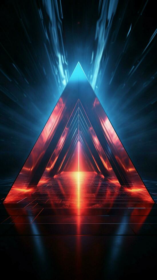 elegante neon geometria triangolare figura con laser leggero per Impressionante sfondi verticale mobile sfondo ai generato foto
