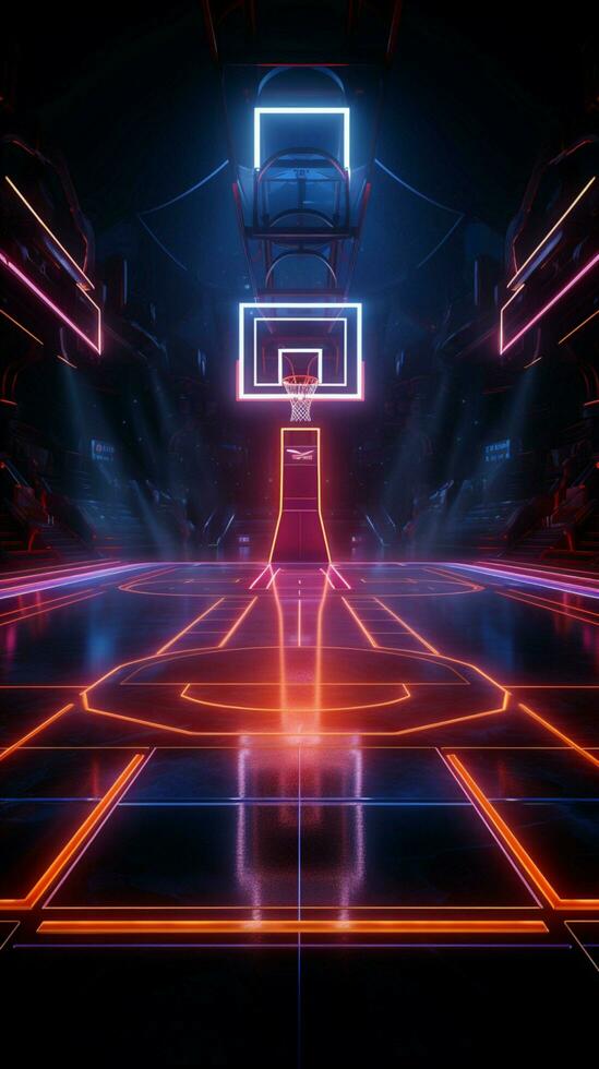 vivido 3d gli sport arena neon illuminato pallacanestro Tribunale in mostra a partire dal il lato verticale mobile sfondo ai generato foto