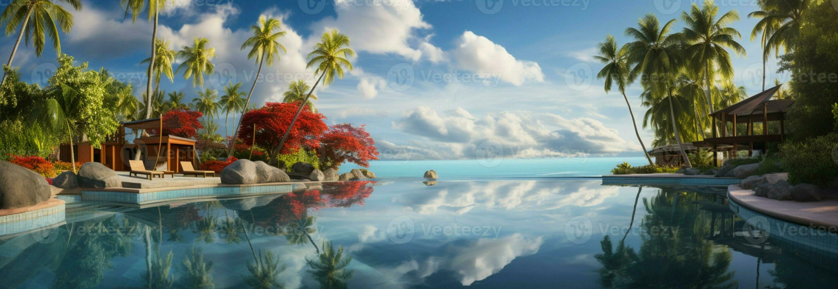 un' tropicale oasi panoramico paesaggio di un' spiaggia ricorrere, piscina, e soleggiato cieli ai generato foto