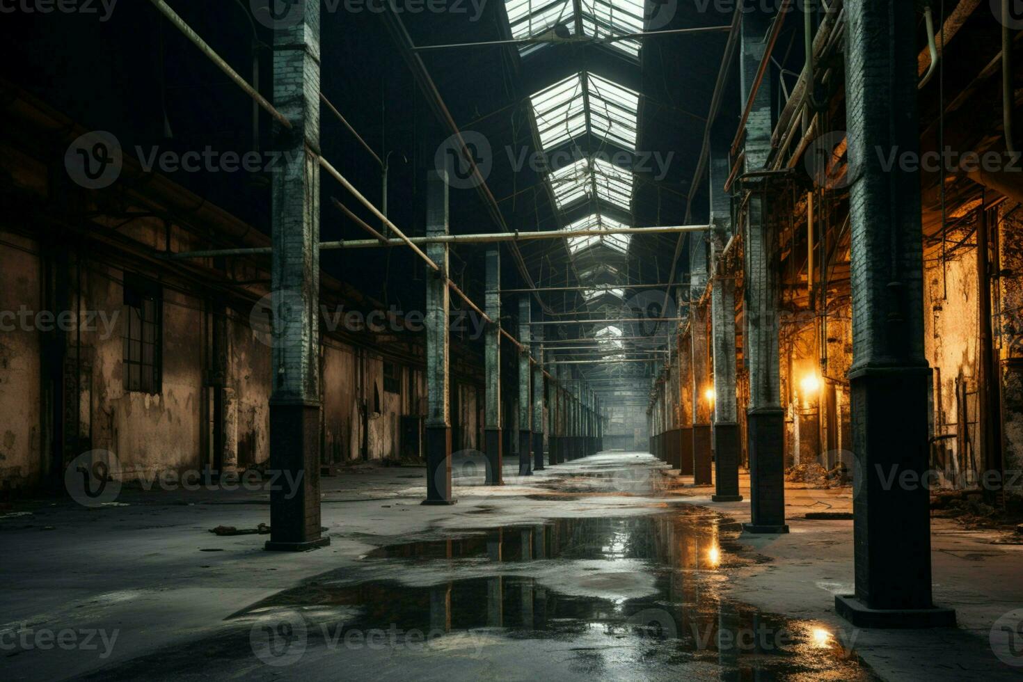 fantasia interno scena entro un abbandonato industriale costruzione, evocando un' misterioso atmosfera ai generato foto