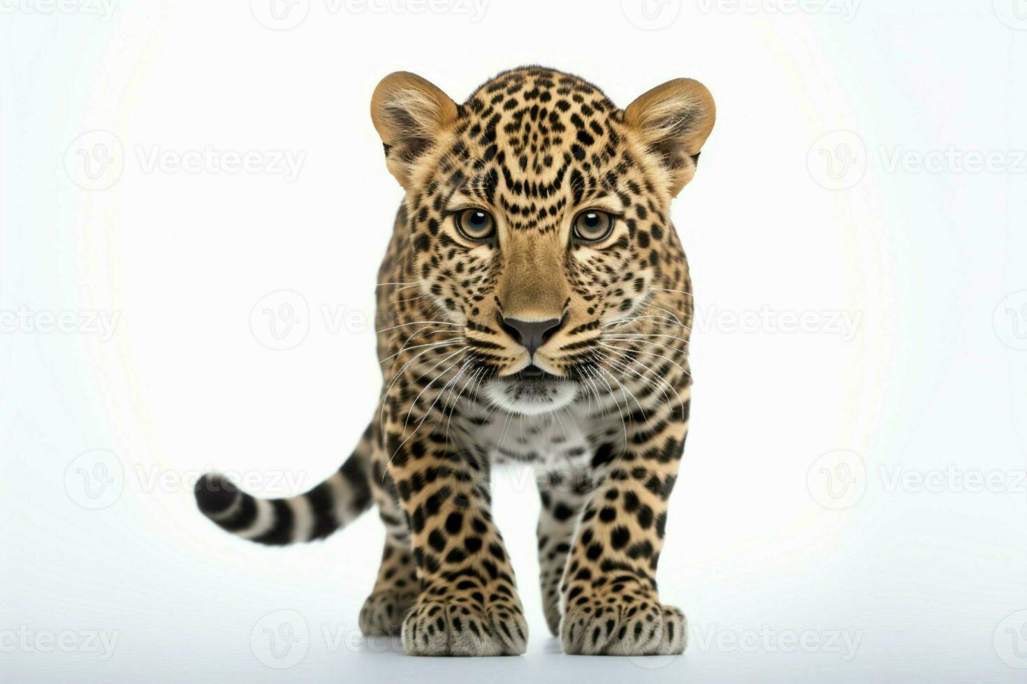 Impressionante Immagine un' leopardo fotografato contro un' pulire, bianca fondale ai generato foto