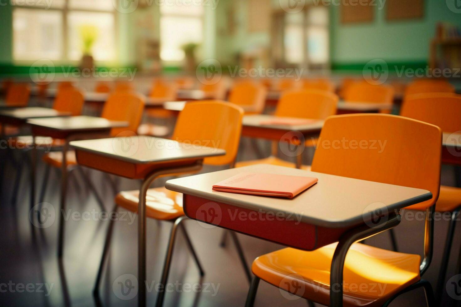 sfocata elementare classe scena, no studenti o insegnanti, appena vuoto sedie ai generato foto