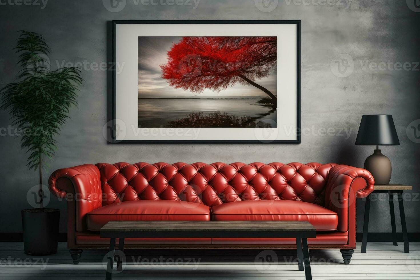 rosso divano e bianca parete nel moderno vivente camera ai generato foto