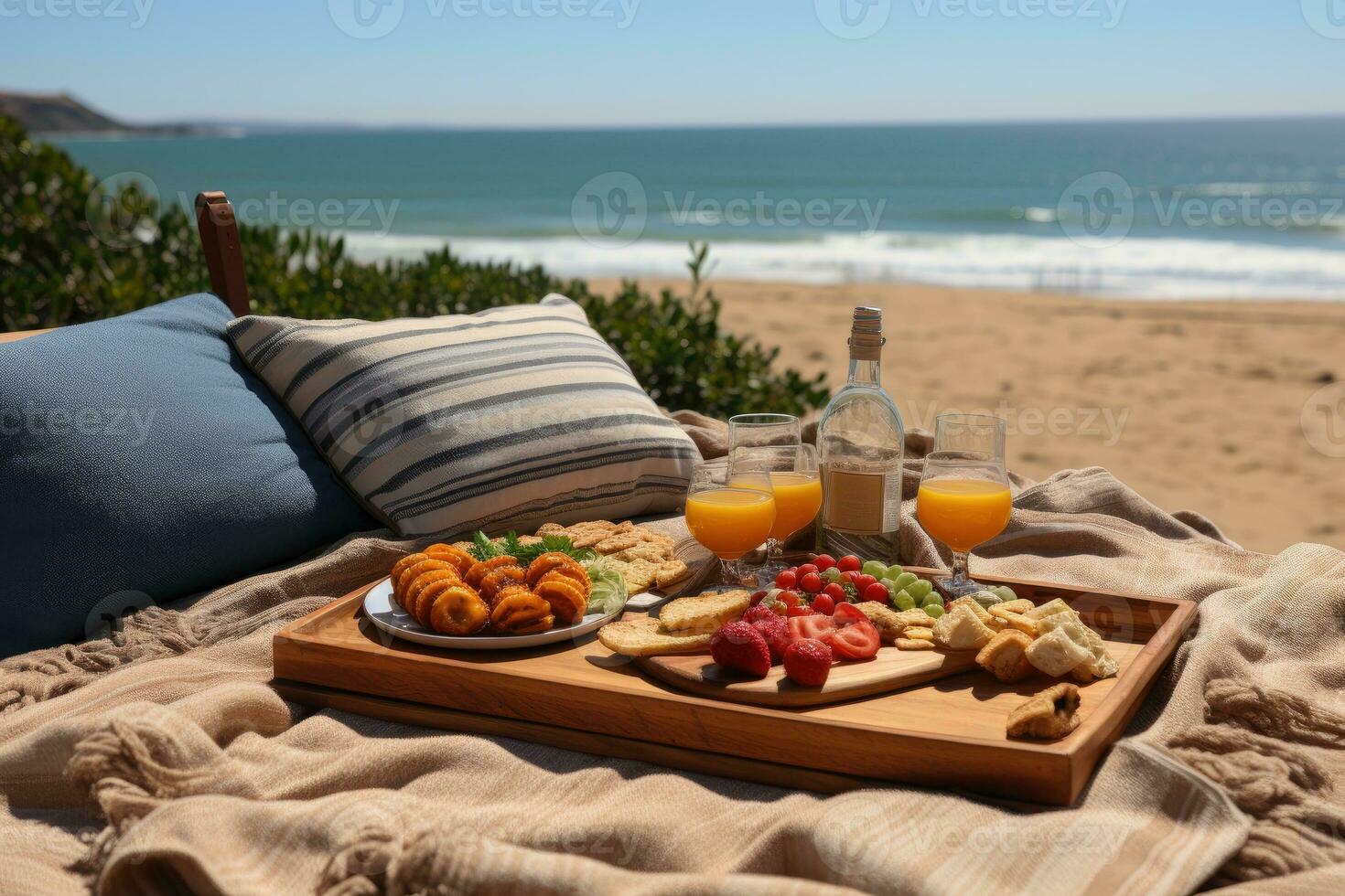 picnic su il tappeto spiaggia Visualizza professionale pubblicità fotografia ai generato foto