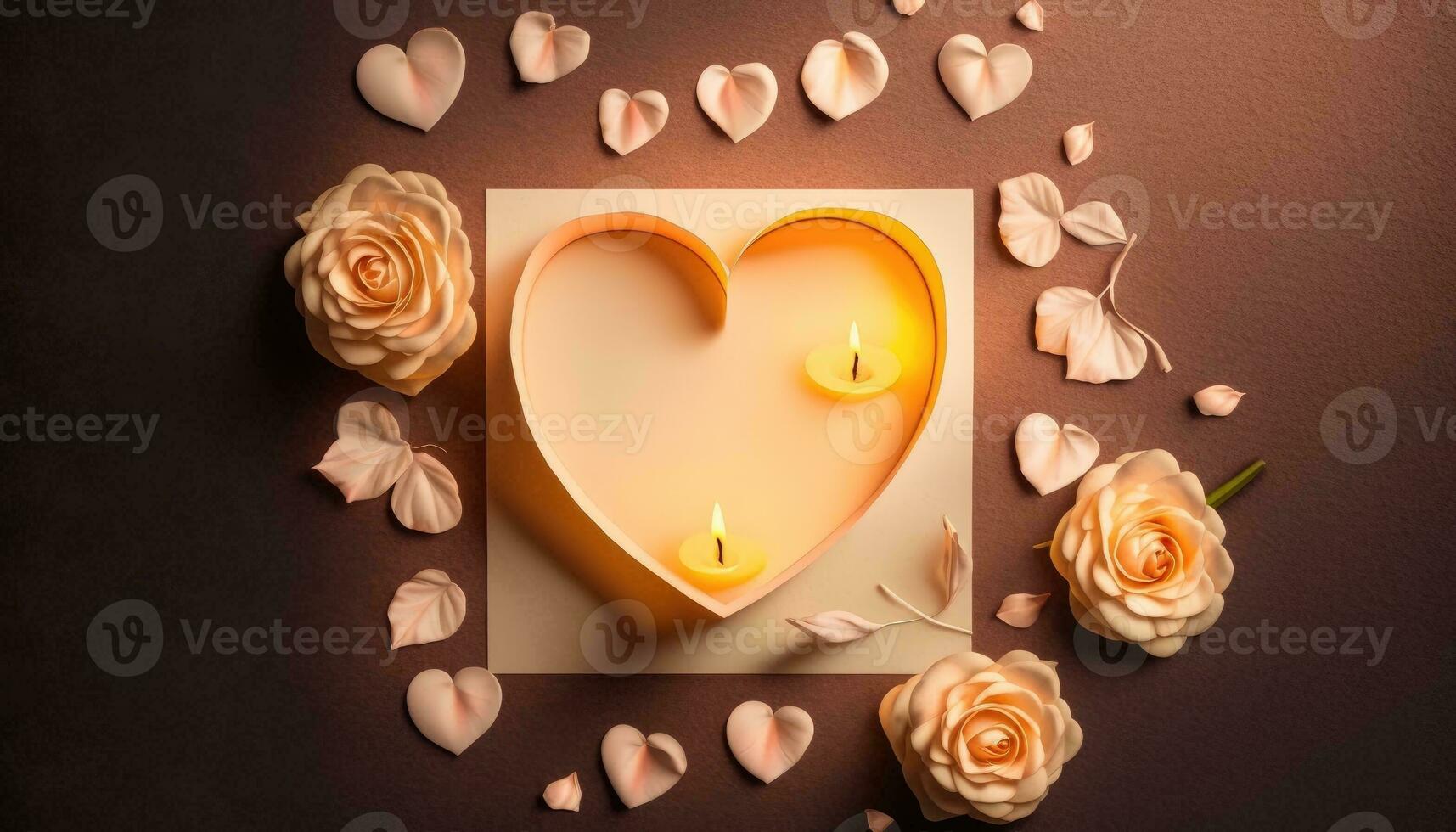 preparazione per San Valentino giorno con Rose, cuori e i regali su un' Marrone sfondo. romantico giorno sfondo con lume di candela rosa cuore carta, copia spazio, piatto posizione, superiore Visualizza. generativo ai foto