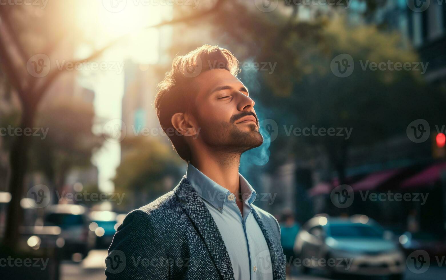 attività commerciale uomo respirazione in profondità nel il città. Marrone dai capelli uomo assunzione un' momento per relax. ai generativeai generativo foto