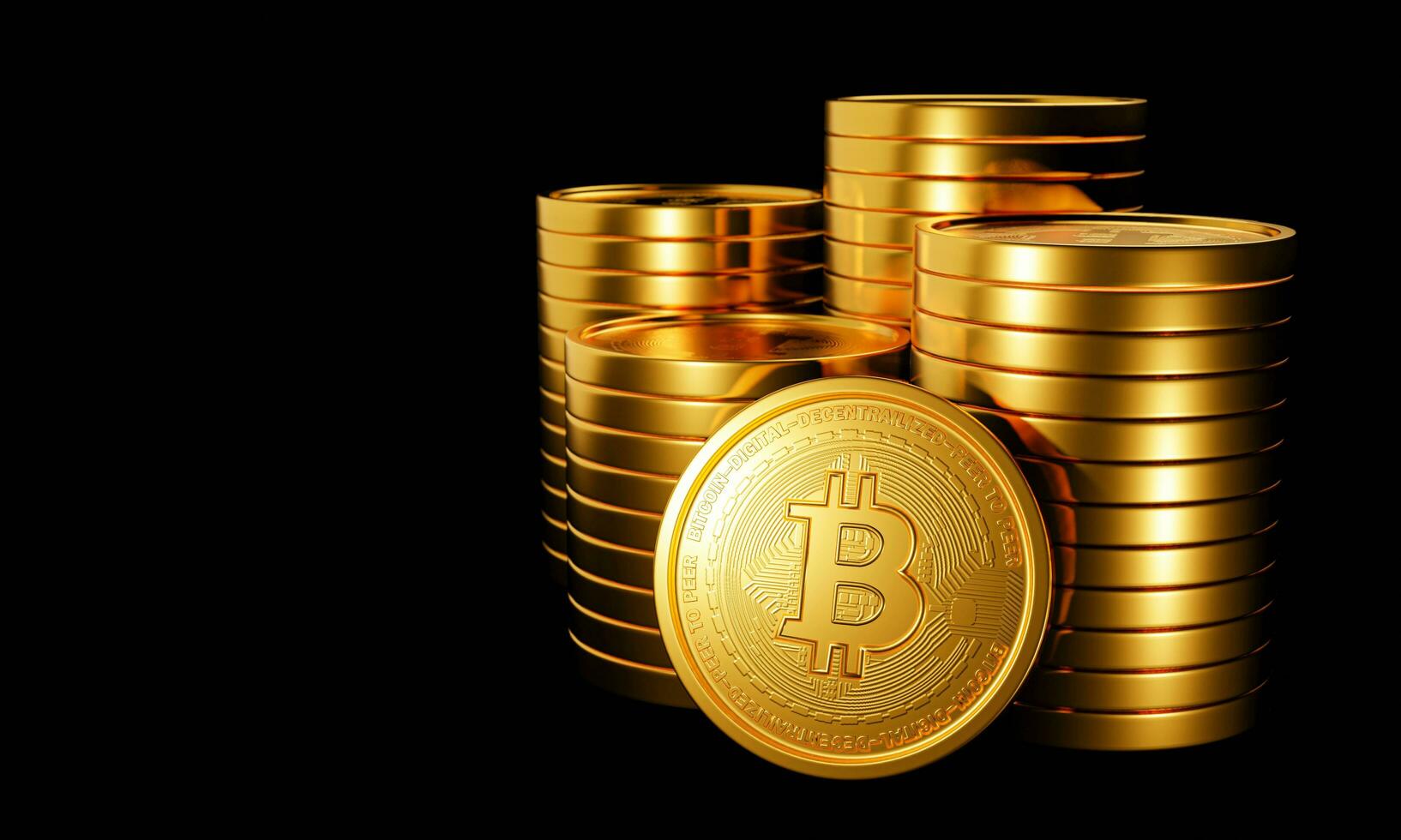 la moneta d'oro ha un simbolo bitcoin. criptovaluta il formato della moneta è impilato su uno sfondo nero. criptovalute per il trading di materie prime, affari, tecnologia. rendering 3D. foto