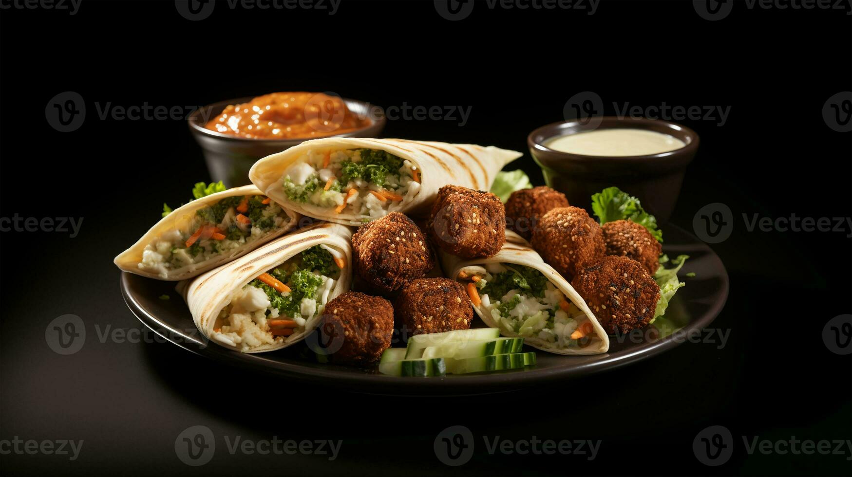 grande piatto con Falafel e insalata su un' buio sfondo, ristorante concetto, ai generato foto