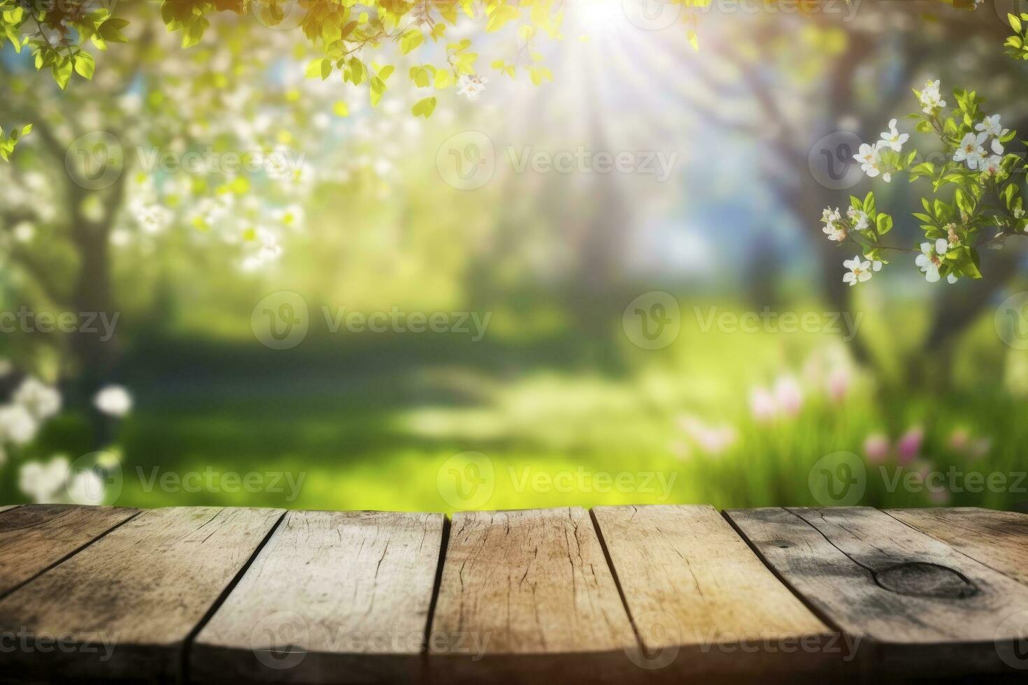 primavera tavolo. fiori nel soleggiato giardino con sfocato luci. legna tavolo con rosa ciliegia fiorire fiore. generativo ai foto