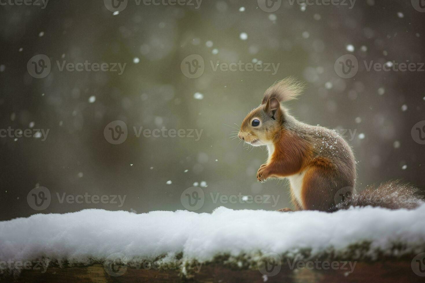 rosso scoiattolo nel il caduta neve. carino scoiattolo seduta nel il neve coperto con fiocchi di neve. inverno sfondo. generativo ai foto