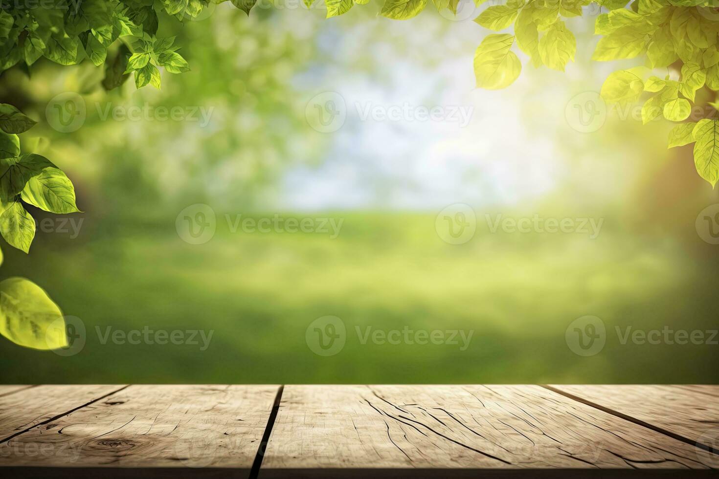 bellissimo primavera sfondo con verde le foglie e vuoto di legno tavolo nel natura all'aperto.. naturale posto con bokeh e luce del sole. picnic concetto. generativo ai foto