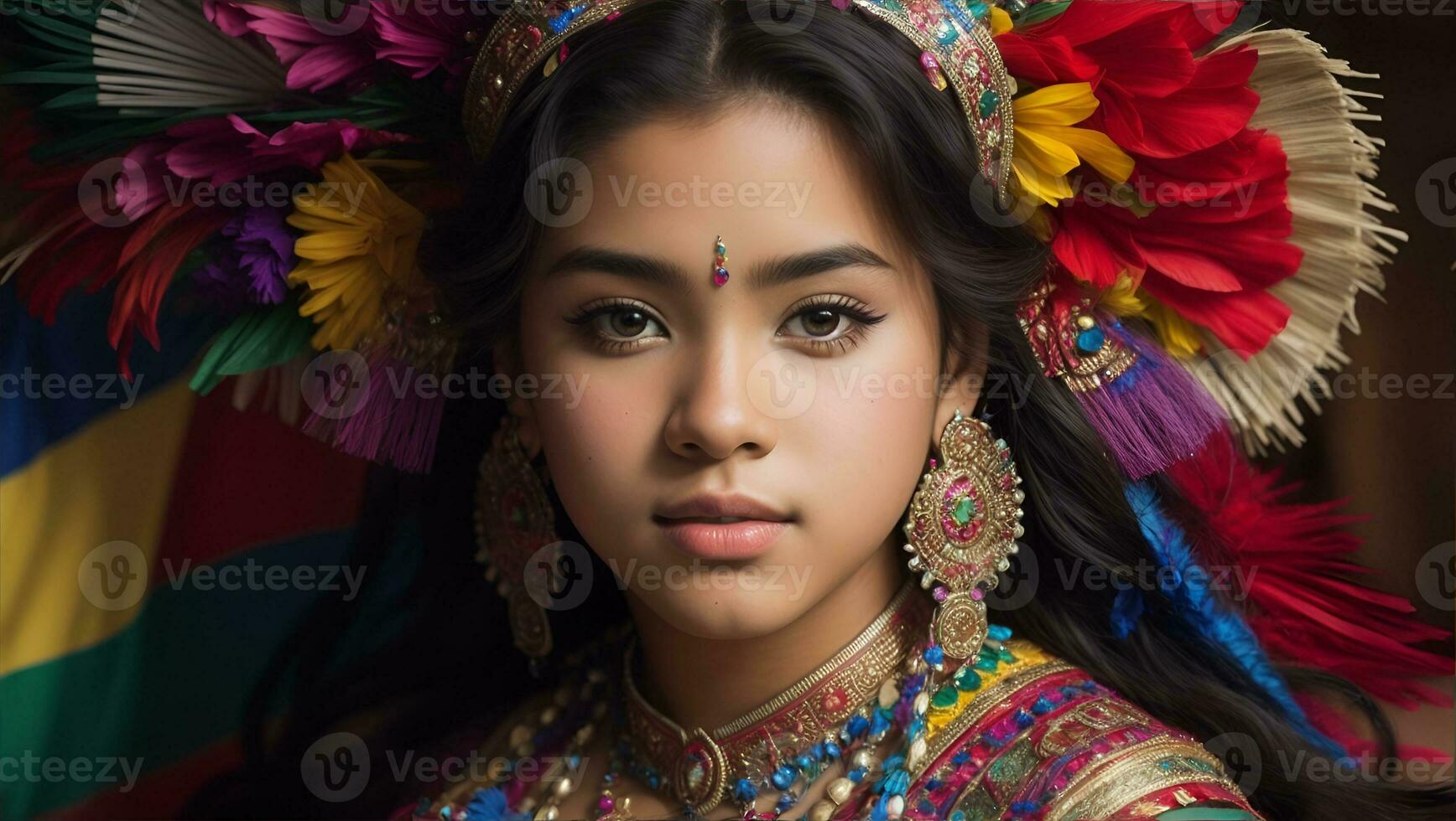 bellissimo ispanico eredità ragazza, festeggiare cultura donna tradizionale vestito con trucco, ai generativo foto