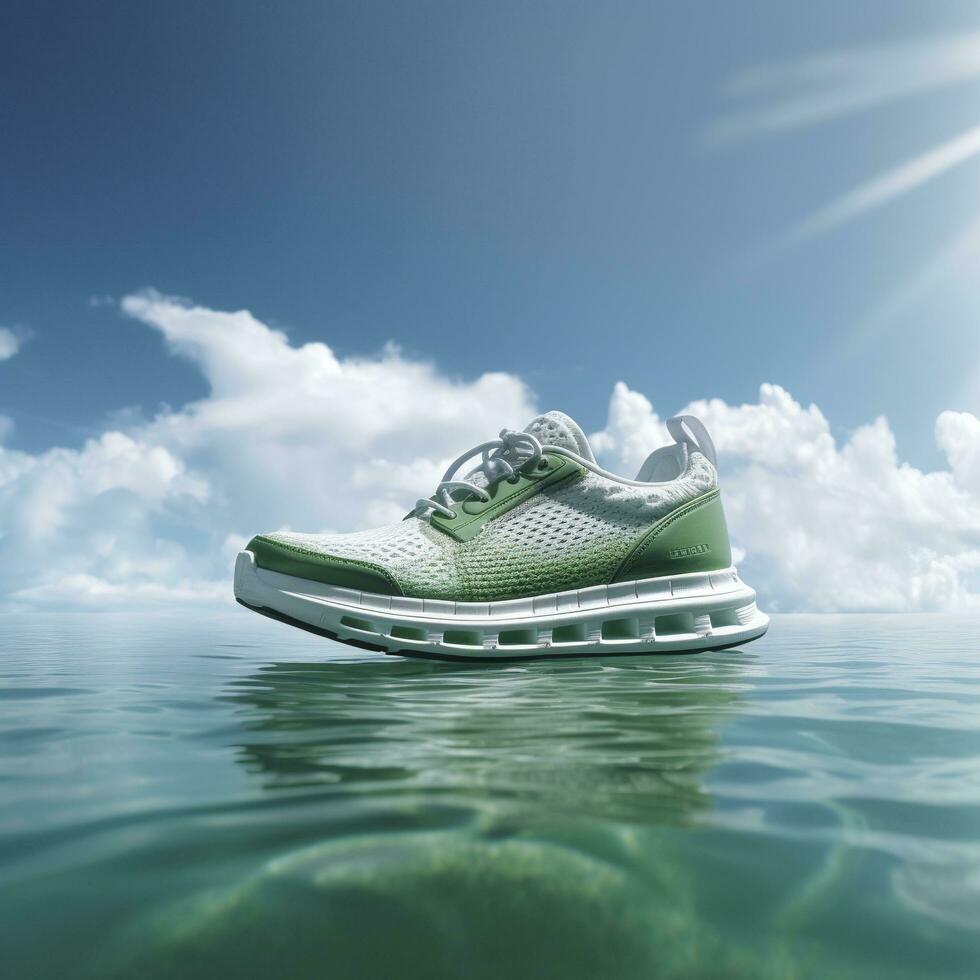vicino su verde gli sport scarpe su un' blu mare livello con blu cielo e bianca nuvole luminosa leggero sfondo. creativo annuncio. ai generativo foto