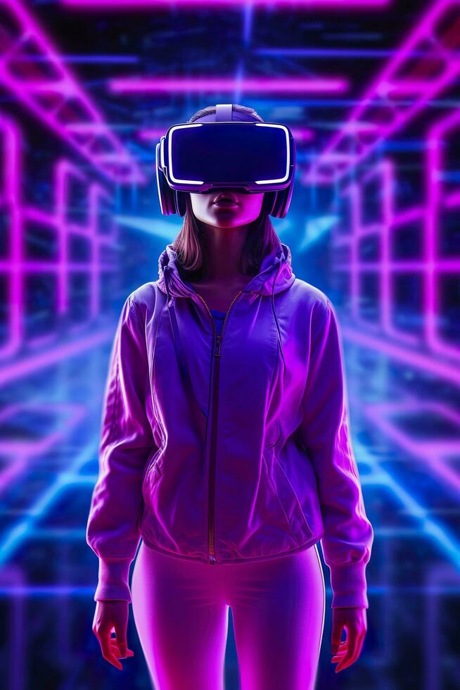 un' giovane asiatico donna è utilizzando un' virtuale la realtà cuffia. neon leggero studio ritratto. concetto di virtuale realtà, simulazione, gioco, e futuro tecnologia. ai generativo foto