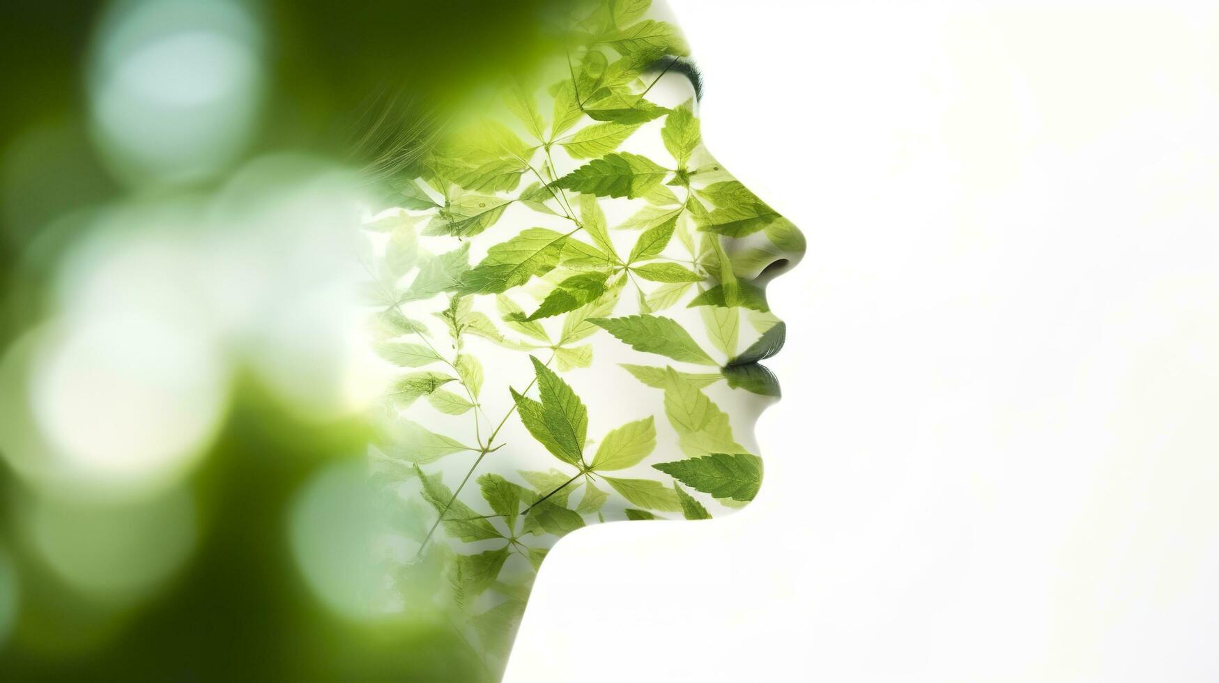 natura albero geen le foglie combina con il bellezza di giovane attraente donna. mentale Salute concetto ai generativo. foto