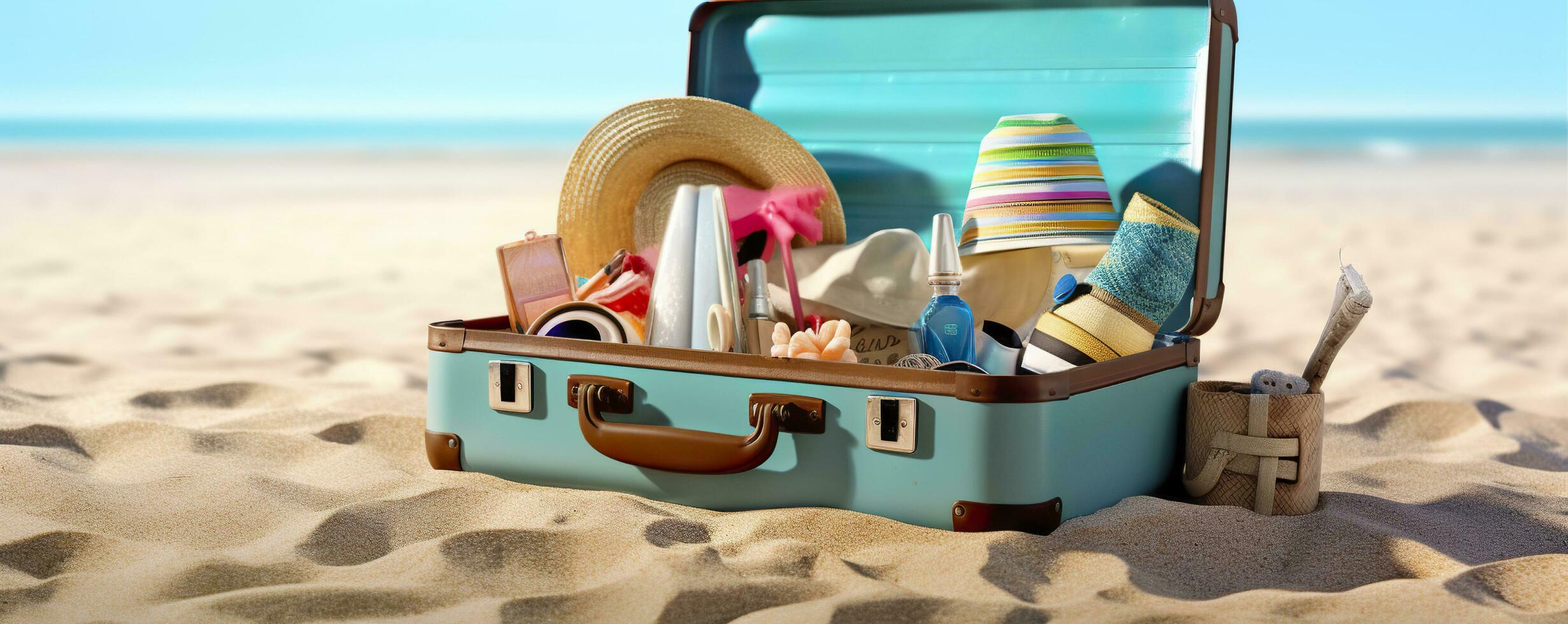 spiaggia preparazione, Accessori nel valigia su sabbia. generativo ai foto