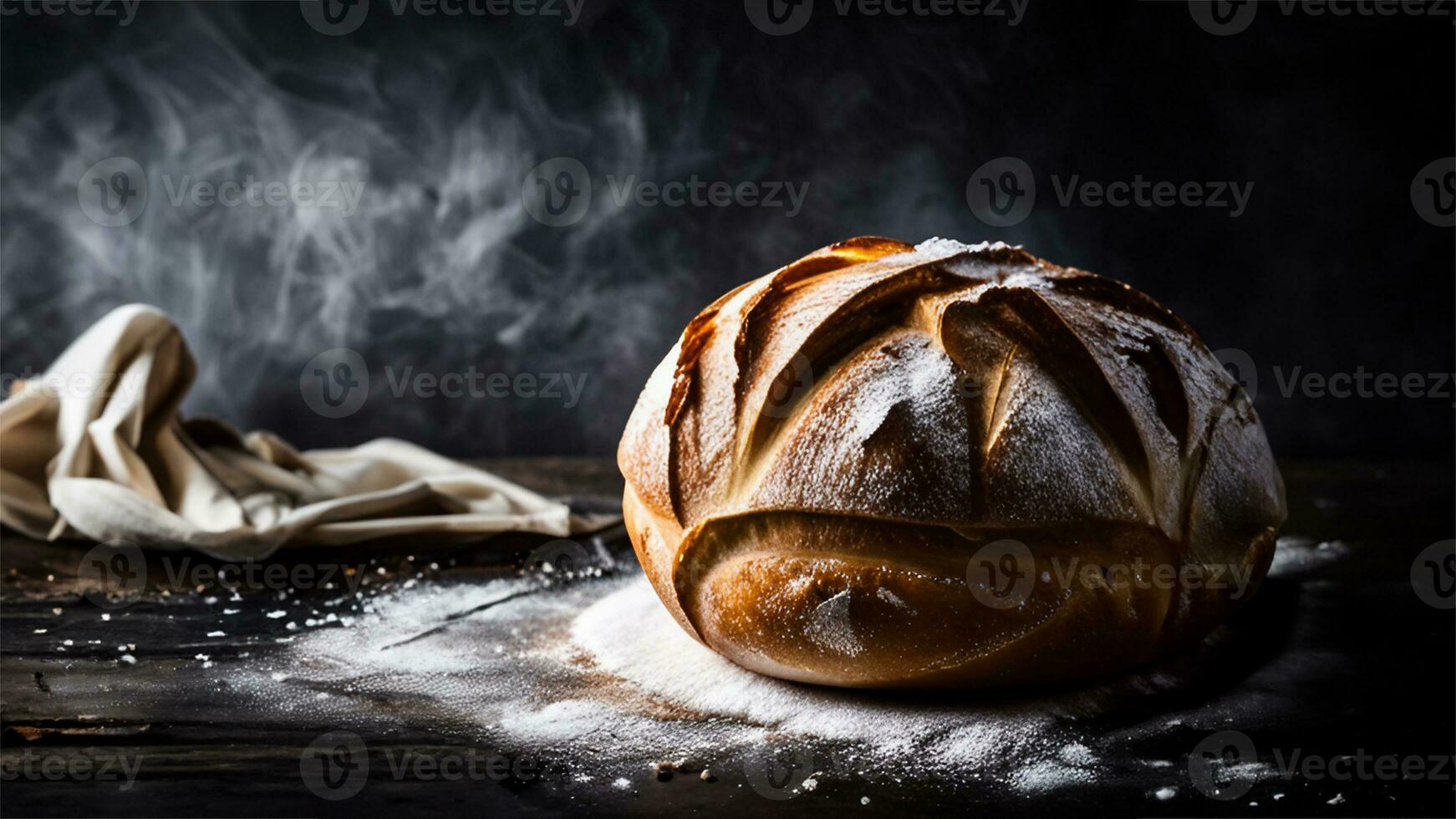 appena al forno lievito pane con zucchero polvere su un' nero sfondo. ai generato foto