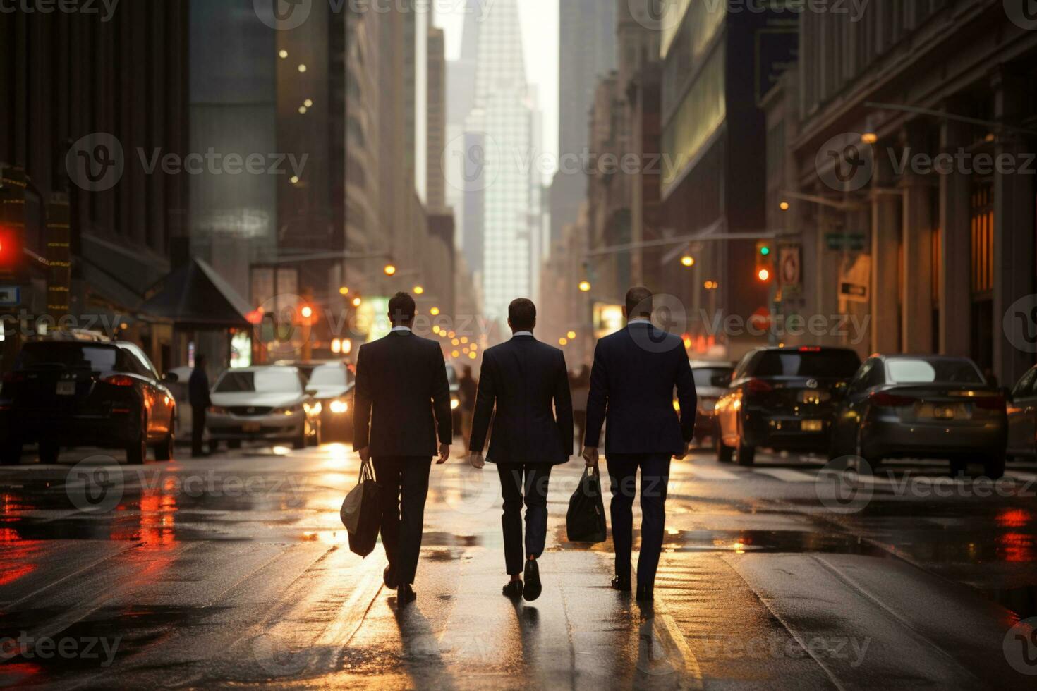posteriore Visualizza di tre uomini d'affari a piedi su il strada nel occupato città ai generato foto