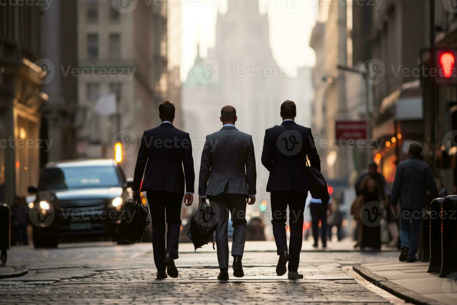 posteriore Visualizza di tre uomini d'affari a piedi su il strada nel occupato città ai generato foto