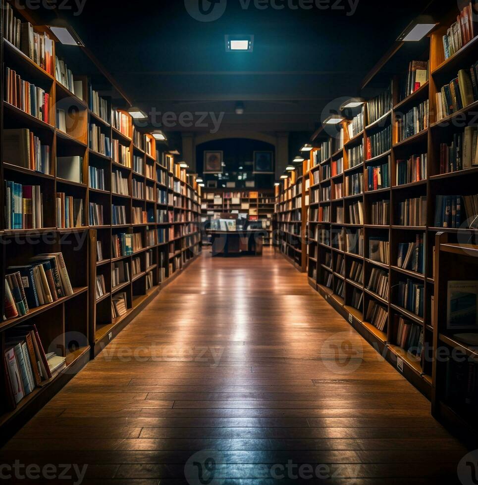 un' lungo esposizione tiro di un' biblioteca a notte, mondo studenti giorno immagini, ai generativo foto