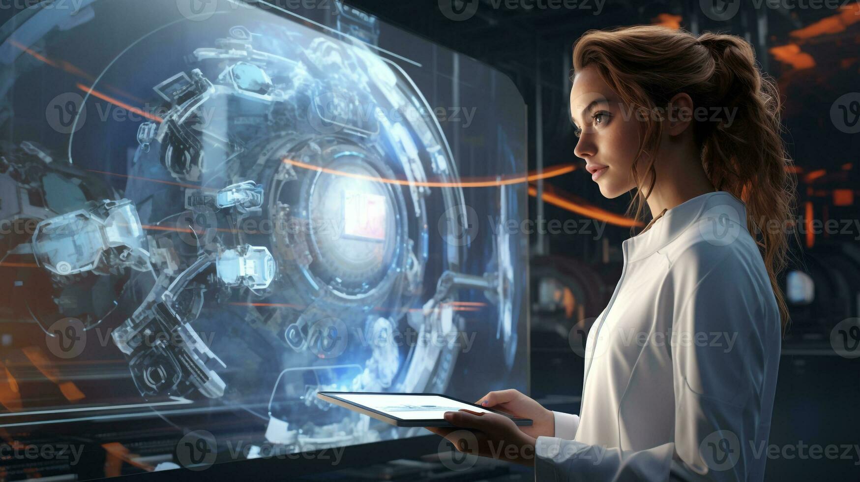 un' donna nel un' laboratorio cappotto è utilizzando un' tavoletta vicino futuristico grafica, medico azione immagini, ai generativo foto