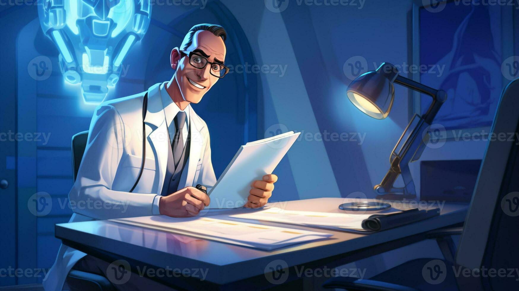 un' medico seduta a il suo scrivania con appunti e computer, medico azione immagini, ai generativo foto