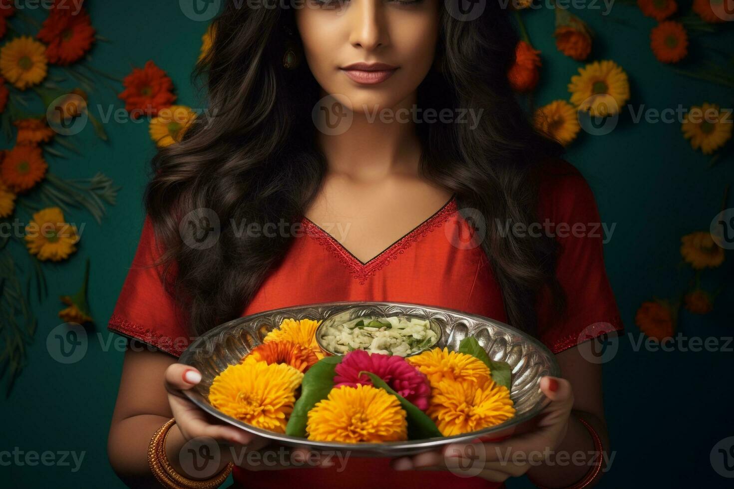 foto di un indiano donna Tenere un' puja thali con un' diya e calendula fiori, ai generativo