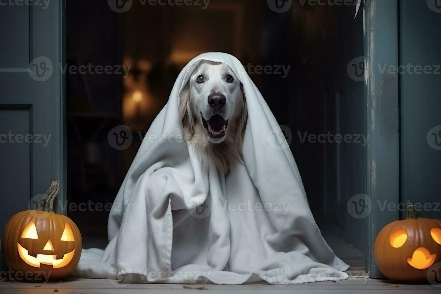 un' foto di un' cane vestito come un' fantasma per Halloween seduta nel davanti di il davanti porta con un' zucca lanterna, ai generativo