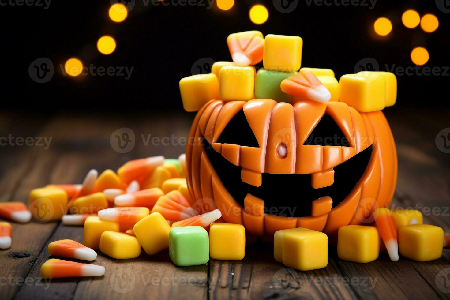 un' immagine di di legno blocchi quello sillabare contento Halloween con caramella Mais e decorazioni su un vecchio di legno tavolo, ai generativo foto