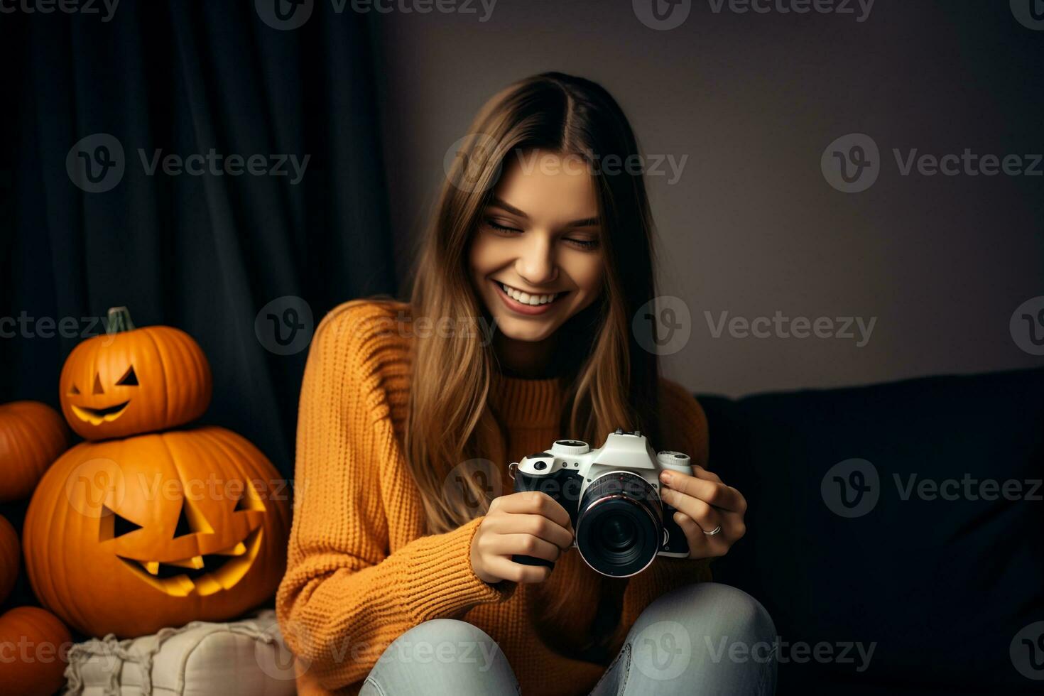 un' immagine di un' giovane donna con un' zucca e un' telecamera a casa su un autunno giorno, ai generativo foto