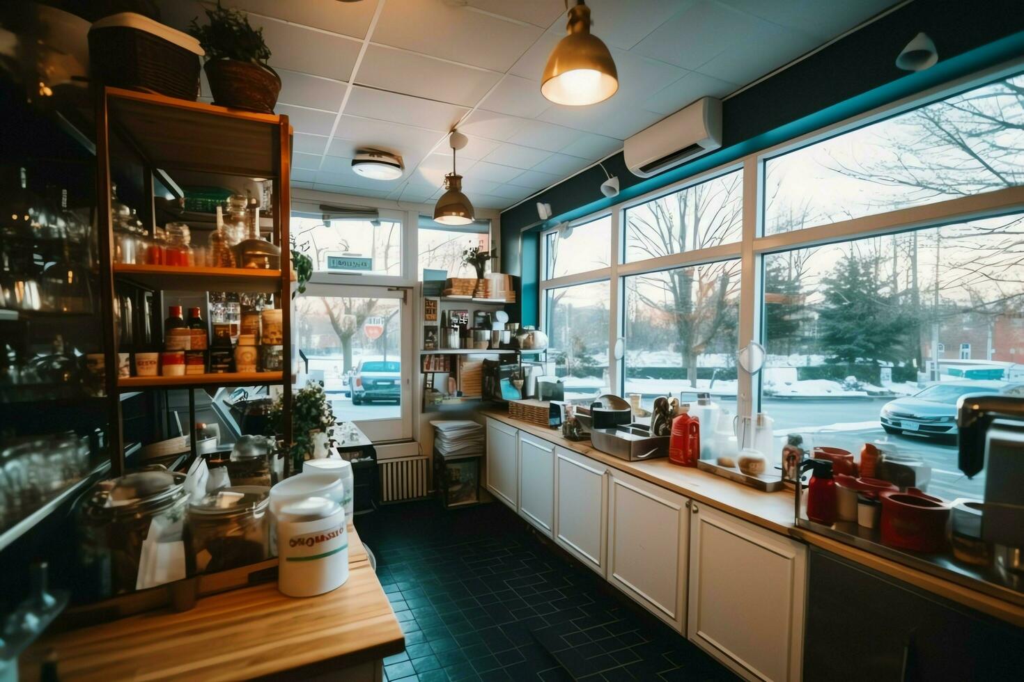 dentro pulito cucina di un' moderno ristorante o mini bar con cucinando utensili e piccolo bar contatore concetto di ai generato foto