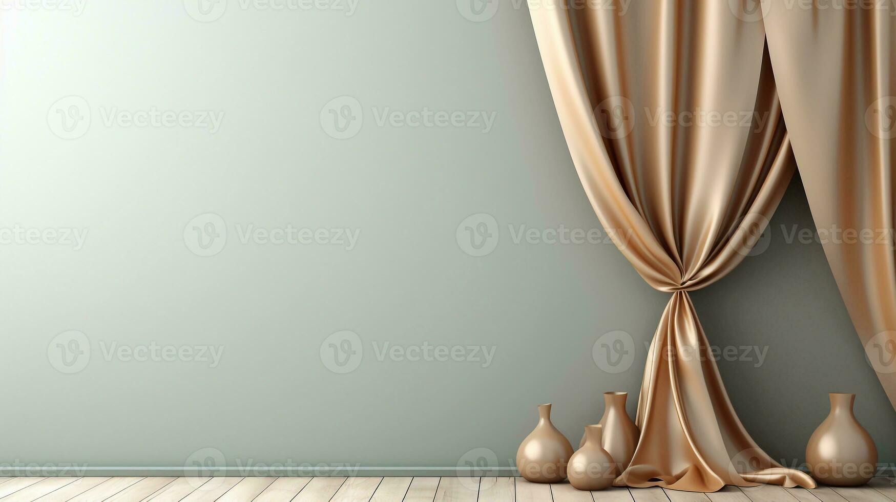 un' immagine di 3d rendere di interno camera con d'oro le tende e di legno pavimento. generativo ai foto