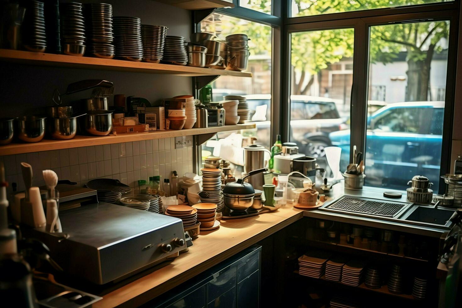 dentro pulito cucina di un' moderno ristorante o mini bar con cucinando utensili e piccolo bar contatore concetto di ai generato foto