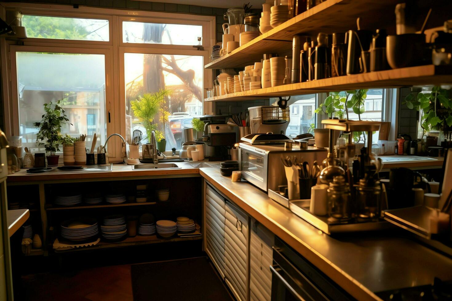 dentro pulito cucina di un' moderno ristorante o mini bar con cucinando utensili e piccolo bar contatore concetto di ai generato foto