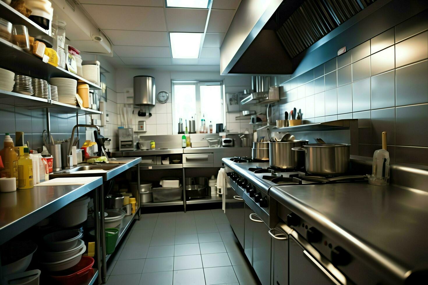 dentro pulito cucina di un' moderno ristorante o mini bar con cucinando utensili e piccolo bar contatore concetto di ai generato foto