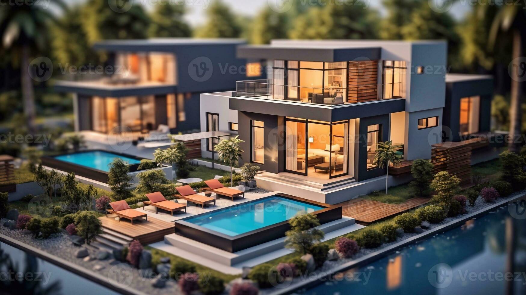 un' foto di 3d interpretazione di moderno accogliente Casa con piscina e parcheggio per vendita o affitto nel lussuoso stile. generativo ai