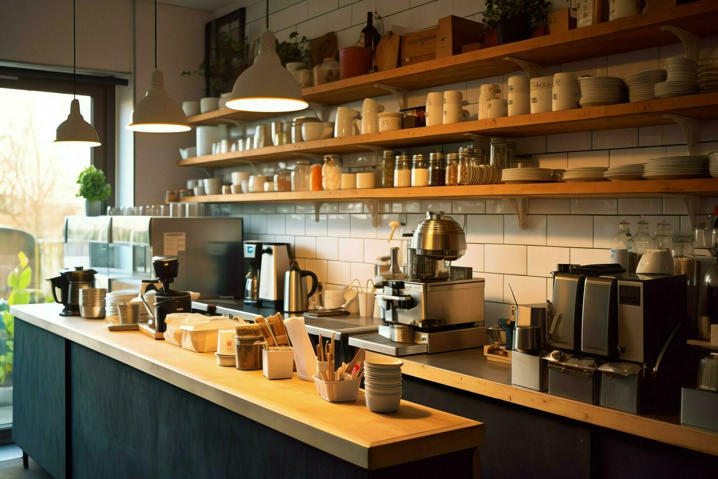 dentro pulito cucina di un' moderno ristorante o mini bar con cucinando utensili e piccolo bar contatore concetto di ai generato foto