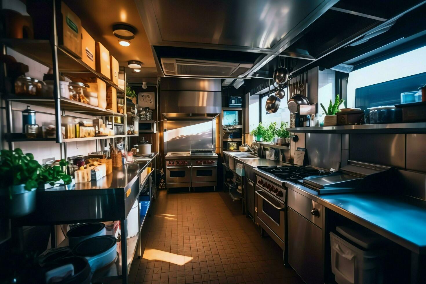 dentro pulito cucina di un' moderno ristorante o mini bar con cucinando utensili e piccolo bar contatore concetto di ai generato foto