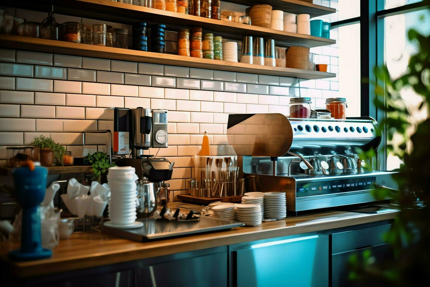 dentro pulito cucina di un' moderno ristorante o mini bar con cucinando utensili e piccolo bar contatore concetto di ai generato foto