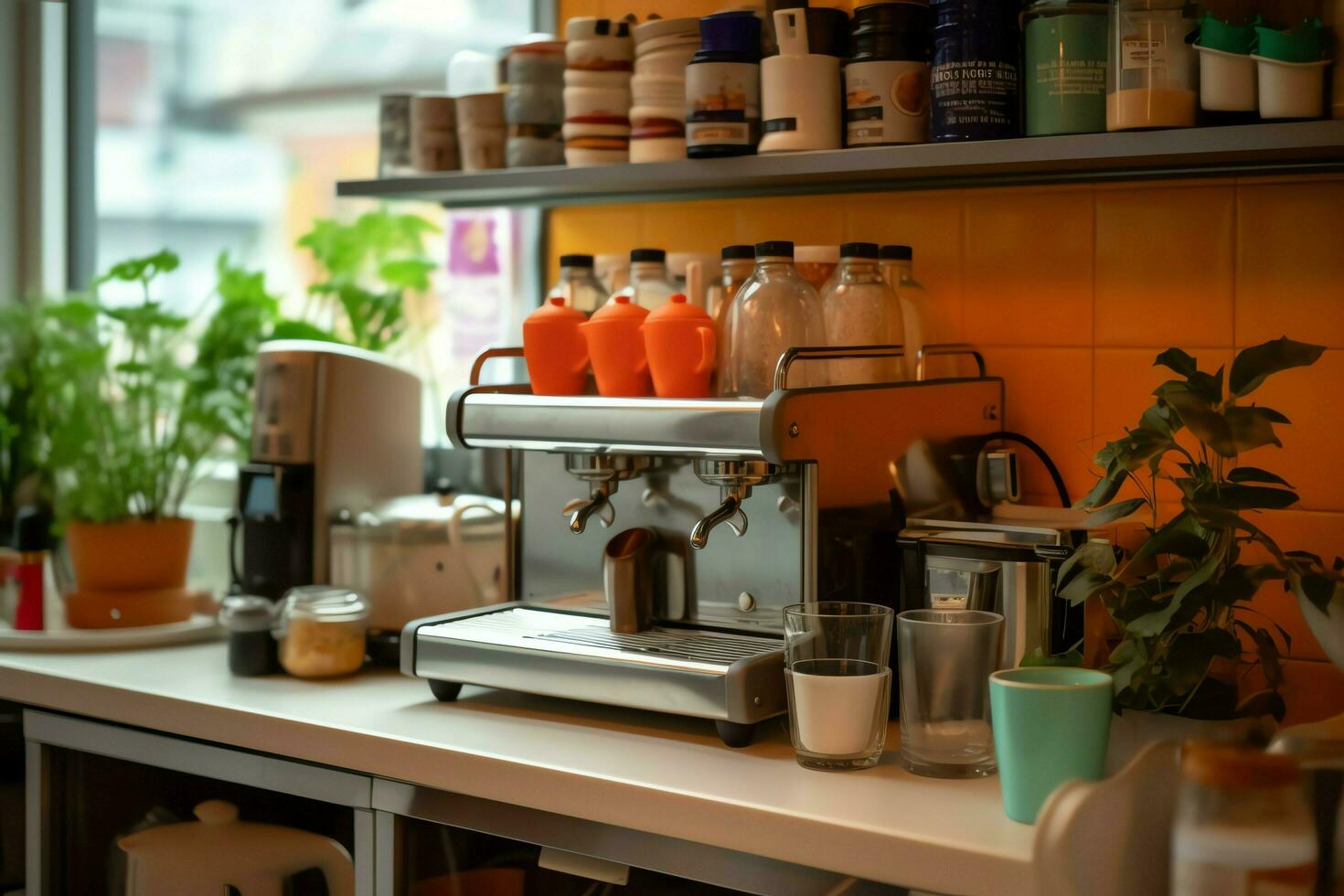 dentro pulito cucina di un' moderno ristorante o mini bar con cucinando utensili e piccolo bar contatore concetto di ai generato foto