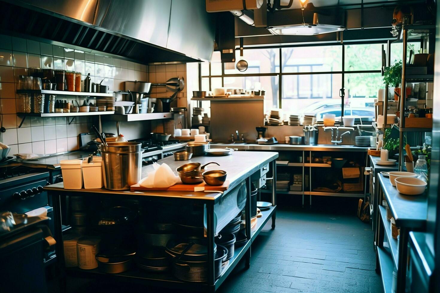 dentro pulito cucina di un' moderno ristorante o mini bar con cucinando utensili e piccolo bar contatore concetto di ai generato foto